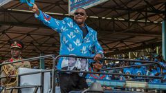 Mutharika salutes the crowd at the launch of his party manifesto in April