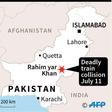 Map of Pakistan locating a train collision that killed nine people and left more than 60 injured