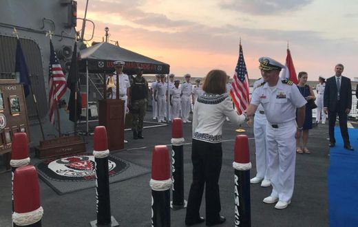 US Ambassador to Lebanon Elizabeth Richard and Vice Admiral James Malloy hosted a reception for US and Lebanese officials on board the destroyer USS Ramage while it was docked at Beirut's port