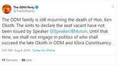 A screenshot of ODM's tweet regarding the party's position on replacing Ken Okoth in Kibra