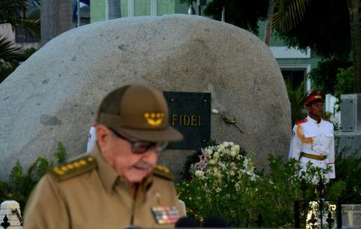 Former Cuban president Raul Castro gives a speech in front of his revolutionary brother Fidel Castro's tomb in January 2019