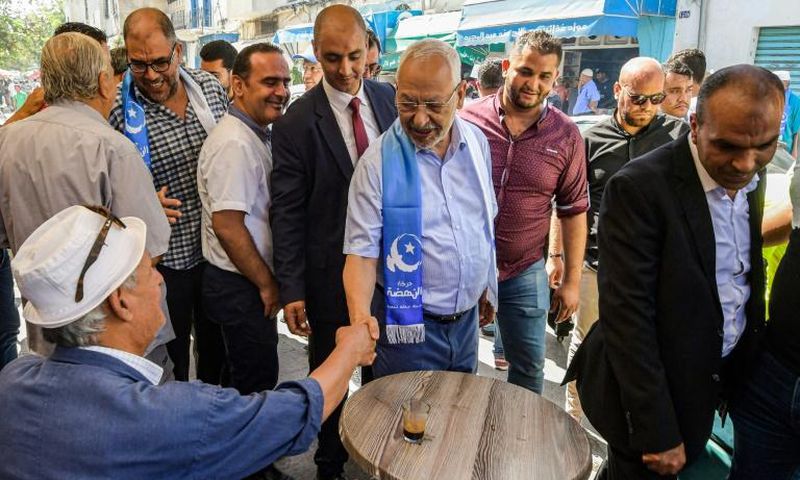 Head of the Ennahdha party Rached Ghannouchi campaigned in the Bab Jdid district of Tunisia's capital Tunis