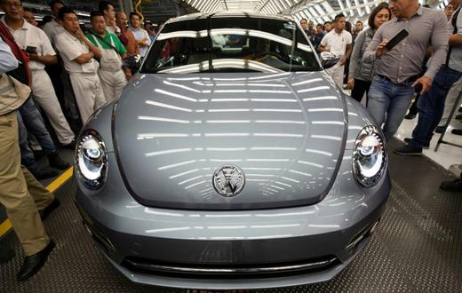 A Volkswagen "Beetle", the final edition of the iconic car, is pictured inside the factory in Puebla, Puebla State, Mexico, on July 10, 2019