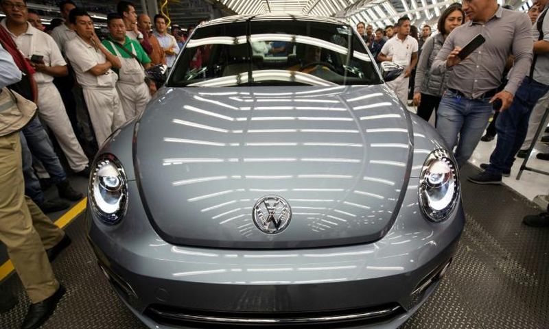 A Volkswagen "Beetle", the final edition of the iconic car, is pictured inside the factory in Puebla, Puebla State, Mexico, on July 10, 2019