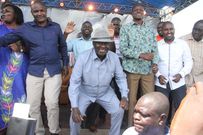 Suba South MP John Mbadi, ODM leader Raila Odinga, Governor Okoth Obado and Suna East MP Junet Mohamed dancing at the homecoming party of Nyatike MP Tom Odege on Friday