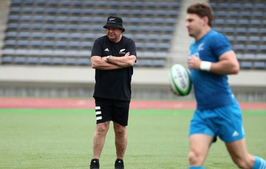 All Blacks coach Steve Hansen oversees a training session in Japan ahead of their opening match against South Africa on Saturday