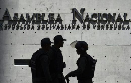 Members of Venezuela's Bolivarian National Guard outside the Federal Legislative Palace, which houses both the opposition-led National Assembly and the pro-government National Constituent Assembly, in Caracas on May 15, 2019