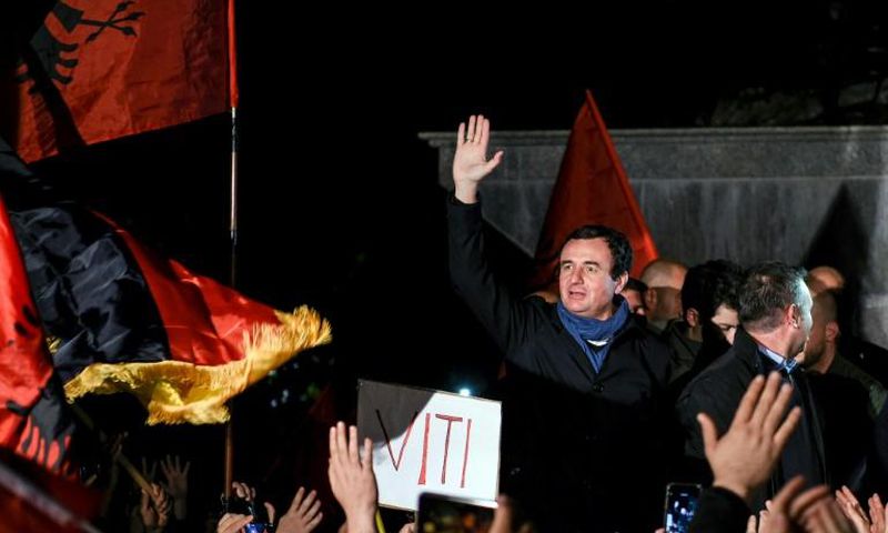 Vetevendosje Party leader Albin Kurti celebrates election victory with thousands of supporters in Pristina's central square