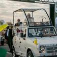 Crowds gathered on Satuday to welcome the pope as he made his way in his popemobile to Soamandrakizay stadium