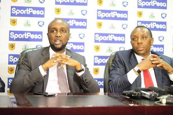 File image of SportPesa Chief Executive Officer Ronald Karauri (left) flanked by Kirimi Kaberia
