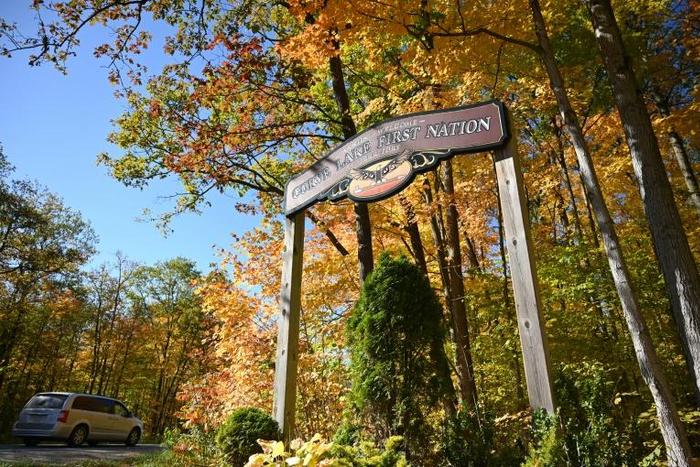 A sign marks the beginning of the Curve Lake First Nation territory in Curve Lake, Canada