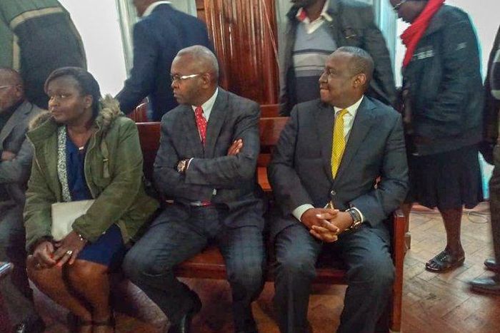 CS Henry Rotich, PS Kamau Thugge and PS Susan Koech at the Milimani law court