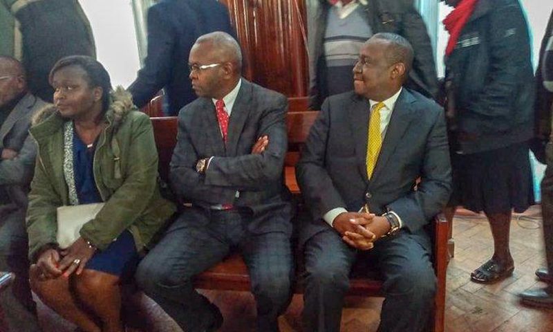 CS Henry Rotich, PS Kamau Thugge and PS Susan Koech at the Milimani law court