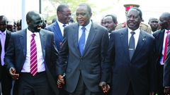 File image of DP Ruto(L), President Kenyatta (Centre) and Raila Odinga (R) at a past event
