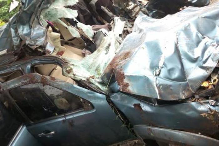 The mangled wreck of the vehicle which Murang'a Water CEC Paul Macharia was driving