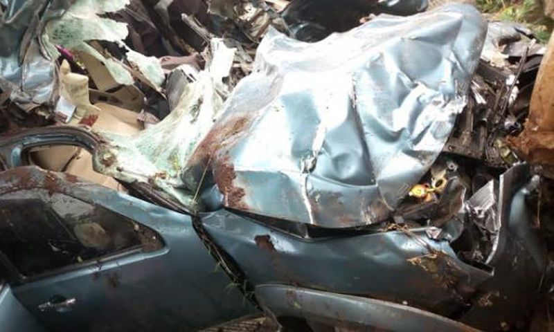 The mangled wreck of the vehicle which Murang'a Water CEC Paul Macharia was driving