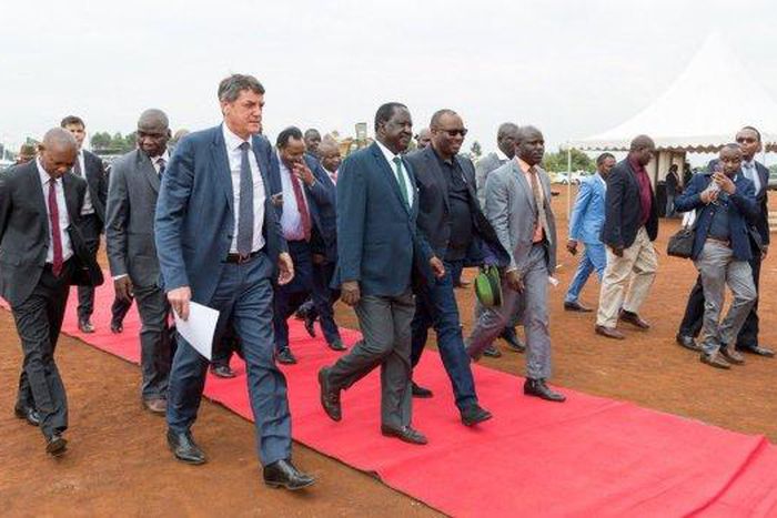 Raila Odinga arriving for the ground breaking ceremony of 1200 housing units by Unity Homes at Tatu City  on Friday