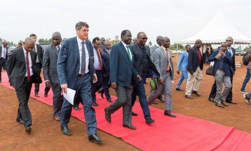 Raila Odinga arriving for the ground breaking ceremony of 1200 housing units by Unity Homes at Tatu City  on Friday