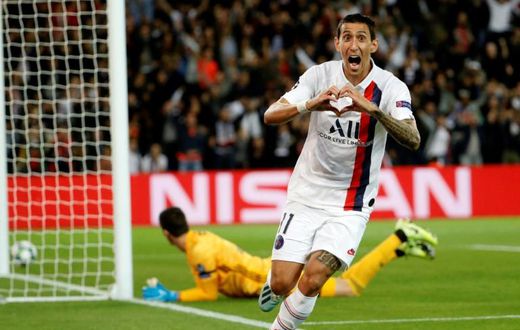 Angel Di Maria celebrates his first goal against Real Madrid at the Parc des Princes
