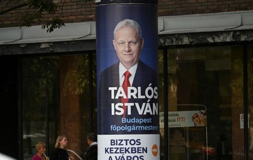 Campaign billboard for city mayor Istvan Tarlos in Budapest ahead of municipal elections seen as a rare chance for the opposition to roll back the power of Prime Minister Viktor Orban