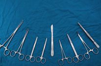 Surgical instruments Set for surgery on blue drape