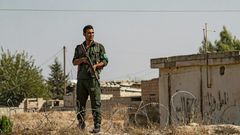 Kurdish security forces stand guard during a demonstration by Syrian Kurds against Turkish threats of a military operation in northern Syria