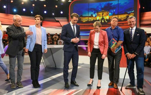 Austrian party leaders -- (from left to right) Peter Pilz of JETZT, Pamela Rendi-Wagner of the Social Democratic Party (SPOe), Austrian People's party (OeVP) head Sebastian Kurz , Beate Meinl-Reisinger of NEOS party, Werner Kogler of Greens party and F...