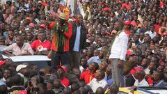 Uasin Gishu Governor Jackson Mandago (left), Nandi Hills MP Alfred Keter and his Kapsaret counterpart Oscar Sudi during a campaign in Eldoret town on April 19, 2017.