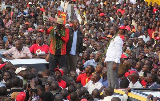 Uasin Gishu Governor Jackson Mandago (left), Nandi Hills MP Alfred Keter and his Kapsaret counterpart Oscar Sudi during a campaign in Eldoret town on April 19, 2017.