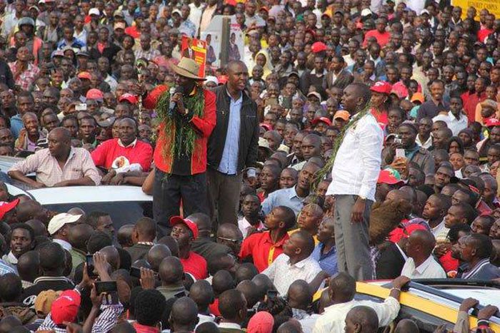 Uasin Gishu Governor Jackson Mandago (left), Nandi Hills MP Alfred Keter and his Kapsaret counterpart Oscar Sudi during a campaign in Eldoret town on April 19, 2017.