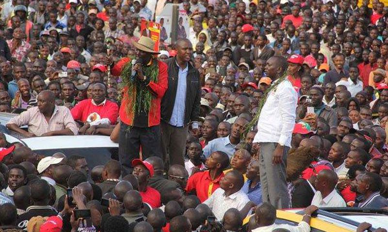 Uasin Gishu Governor Jackson Mandago (left), Nandi Hills MP Alfred Keter and his Kapsaret counterpart Oscar Sudi during a campaign in Eldoret town on April 19, 2017.