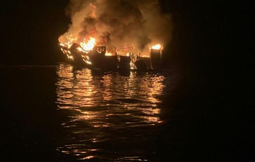 In this photo released by the Santa Barbara County Fire Department on September 2, 2019, the Conception burns off the coast of Santa Cruz Island, California