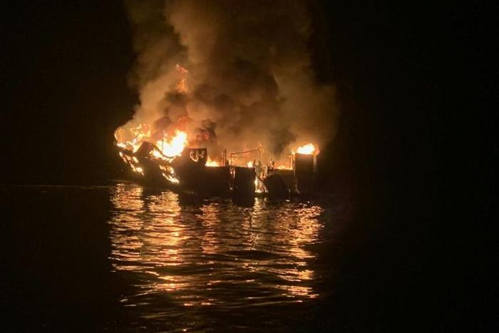 In this photo released by the Santa Barbara County Fire Department on September 2, 2019, the Conception burns off the coast of Santa Cruz Island, California