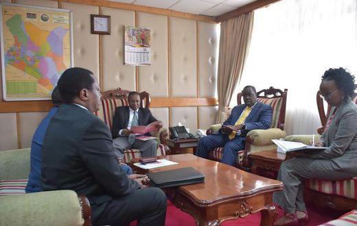 Dr Fred Matiang'i with PS Karanja Kibicho, BCLB Chairman Cyrus Maina, and CEO Liti Wambua