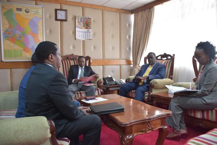 Dr Fred Matiang'i with PS Karanja Kibicho, BCLB Chairman Cyrus Maina, and CEO Liti Wambua
