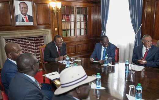 President Uhuru Kenyatta and Raila Odinga with members of the Building Bridges Initiative taskforce at State House