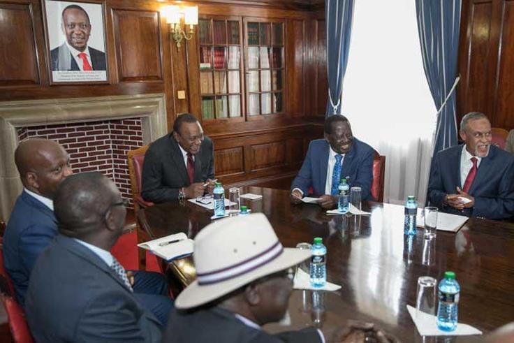 President Uhuru Kenyatta and Raila Odinga with members of the Building Bridges Initiative taskforce at State House