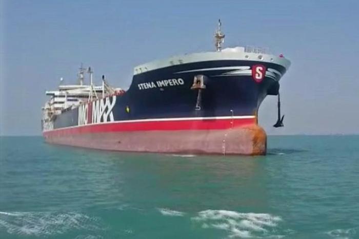 The British-flagged oil tanker Stena Impero, which had been held off the Iranian port of Bandar Abbas for more than two months, heads out of Iranian waters