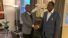 Former PM Raila Odinga with Sierra Leone President Julius Maada Bio in UK. Odinga also visited Bomet Governor Joyce Laboso in hospital