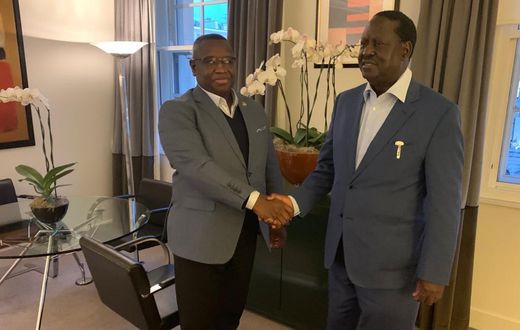 Former PM Raila Odinga with Sierra Leone President Julius Maada Bio in UK. Odinga also visited Bomet Governor Joyce Laboso in hospital