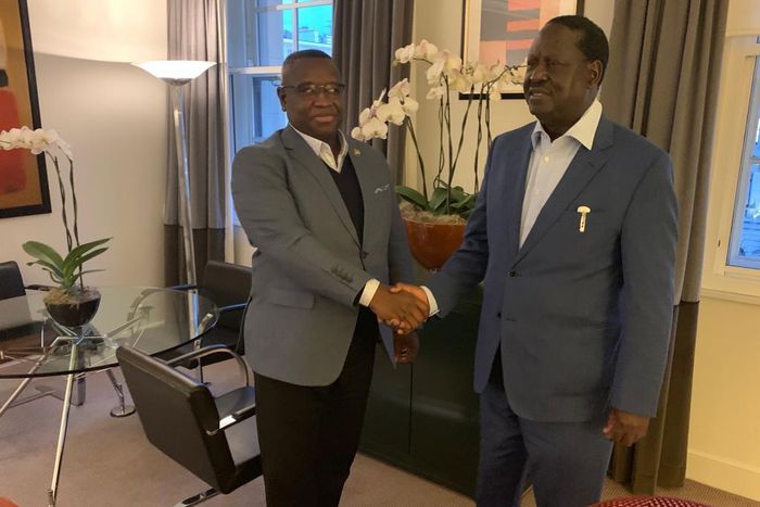 Former PM Raila Odinga with Sierra Leone President Julius Maada Bio in UK. Odinga also visited Bomet Governor Joyce Laboso in hospital