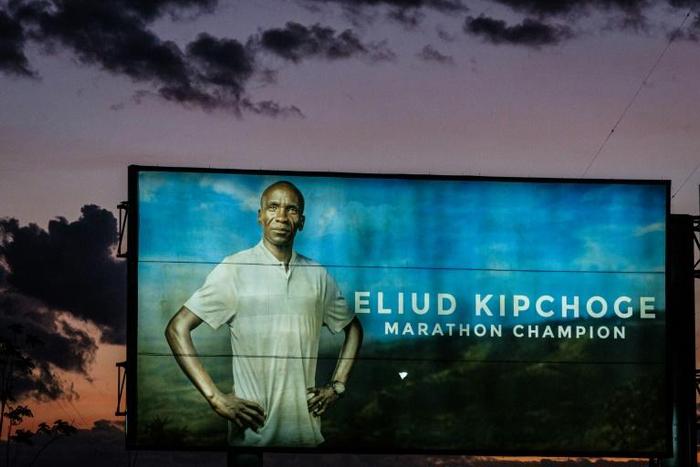 An advertising billboard in Kenya shows Olympic marathon champion and World record holder Eliud Kipchoge who will attempt to break the two-hour marathon barrier on Saturday