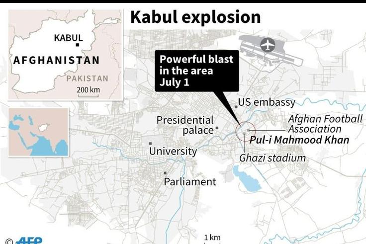 Map locating a blast in Kabul on Monday