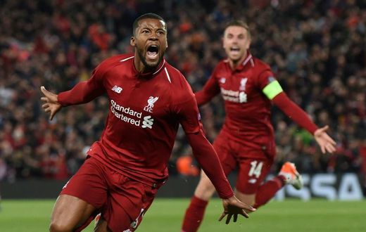 Liverpool midfielder Georginio Wijnaldum celebrates after scoring against Barcelona