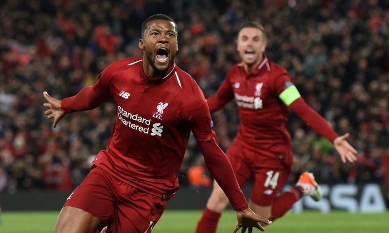Liverpool midfielder Georginio Wijnaldum celebrates after scoring against Barcelona
