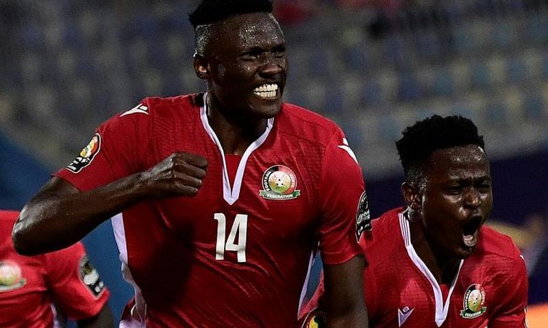 Kenya's Michael Olunga celebrates scoring his team's first goal
