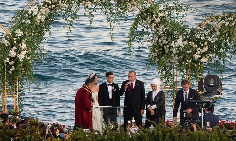 Mesut Ozil and his bride Amine Gulse stood next to Turkish President Recep Tayyip Erdogan and his wife Emine Erdogan during the wedding ceremony in Istanbul