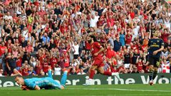 Streaking clear: Mohamed Salah (centre) scored twice in Liverpool's win over Arsenal