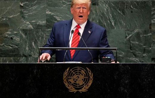 Embattled: US President Donald Trump addresses the United Nations General Assembly as calls for his impeachment mount