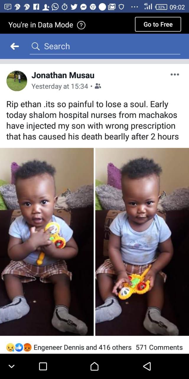 A post shared by Jonathan Muendo, a journalist at KBC who lost his son Ethan Muendo at Shalom Hospital (Facebook)
